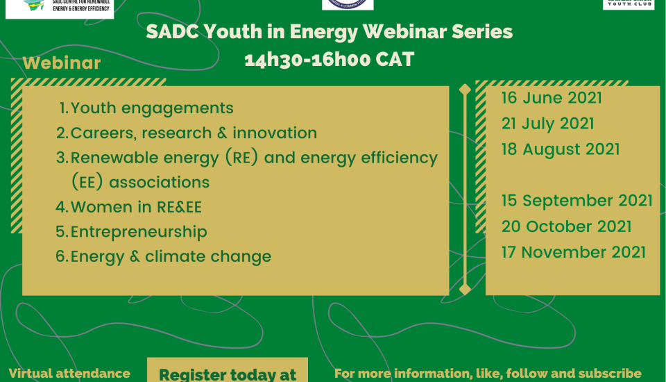 Image of The SADC Youth in Energy Webinar Series and SADC Energy Youth Organization Survey launched on 16th June 2021